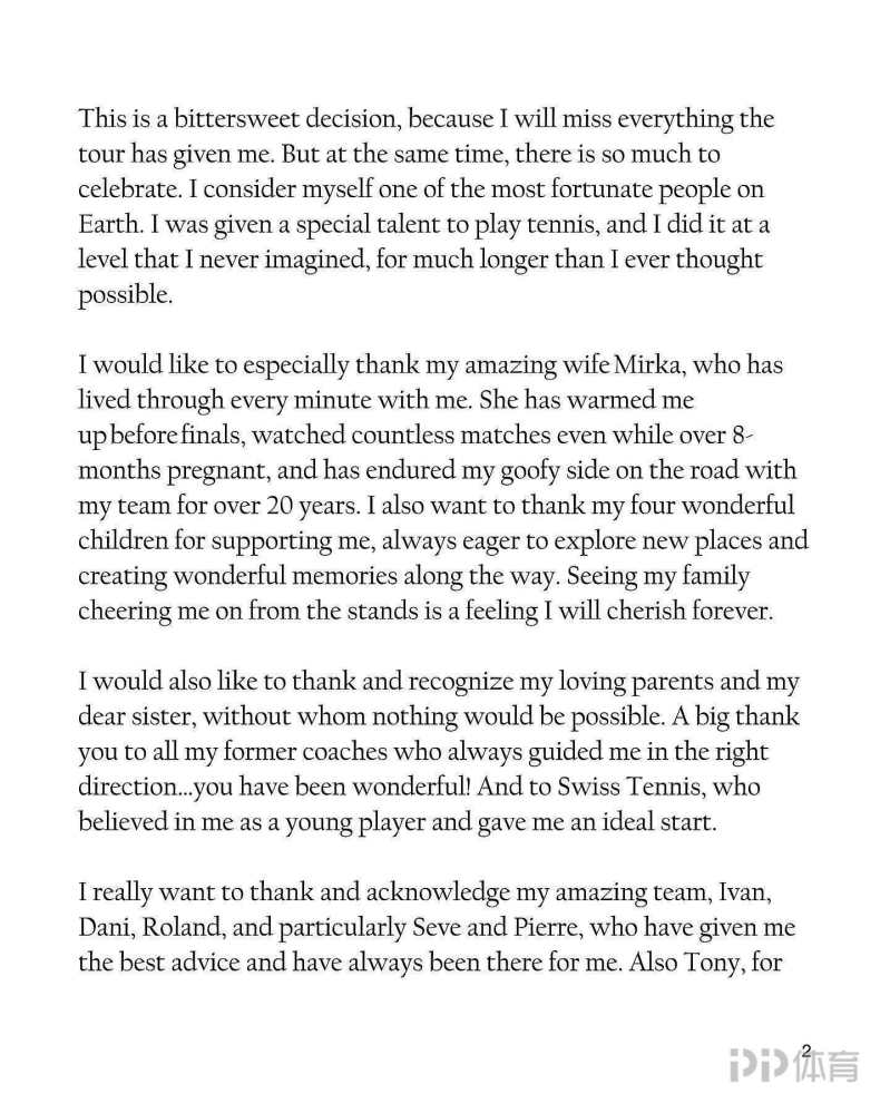 传奇落幕41岁网球天王费德勒宣布退役 4 告别信全文